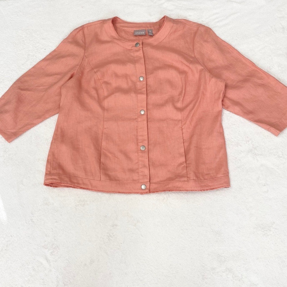 Chico's 100% linen Blazer 3/4 Sleeves Womens‎ Size 3 Tangerine